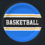 Fun Bright Blue Black Yellow BASKETBALL Streifen Pappteller<br><div class="desc">Dieses sportliche Design zeichnet sich durch fett gedruckten BASKETBALL-Text in einem breiten schwarzen,  horizontalen Mitte-Rennstreifen aus,  der durch zwei schwungvolle,  weiße Pinstreifen gegen leuchtend blaue äußere Streifen hervorgehoben wird. Der Text kann personalisiert sein.</div>