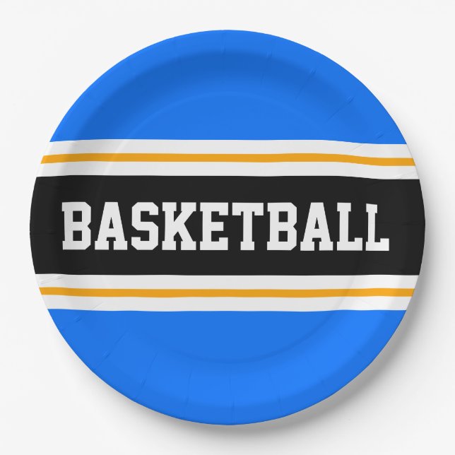 Fun Bright Blue Black Yellow BASKETBALL Streifen Pappteller (Vorderseite)