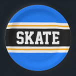 Fun Bright Blue Black Yellow SKATE Racing Streifen Pappteller<br><div class="desc">Dieses sportliche,  sportliche Design mit feinem SKATE-Text in einem farbenprächtigen,  schwarzen Streifen mit zwei weißen und gelben Rennstreifen gegen leuchtend blaue Außenstreifen. Der Text kann personalisiert sein.</div>
