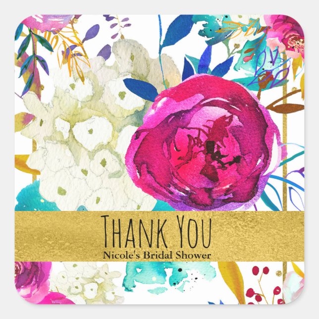 Fun Bright Bold Watercolor Floral Brautparty Quadratischer Aufkleber (Vorderseite)