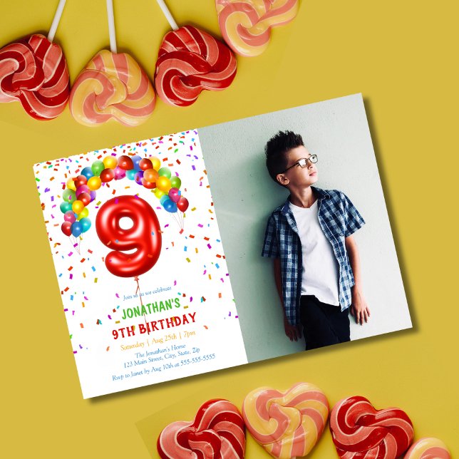 Fun Bright Confetti Balloons Foto 9. Geburtstag Einladung (Von Creator hochgeladen)
