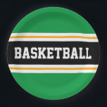 Fun Bright Green Black Yellow BASKETBALL Streifen Pappteller<br><div class="desc">Dieses sportliche Design zeichnet sich durch feinen BASKETBALL-Text in einem breiten,  schwarzen,  horizontalen Rennstreifen im Zentrum aus,  der durch zwei schwungvolle,  weiße Pinstreifen gegen knallgrüne Außenstreifen hervorgehoben wird. Der Text kann personalisiert sein.</div>