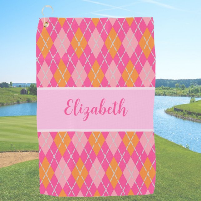 Fun Bright pink preppy Raute individuelle Name Lad Golfhandtuch (Von Creator hochgeladen)
