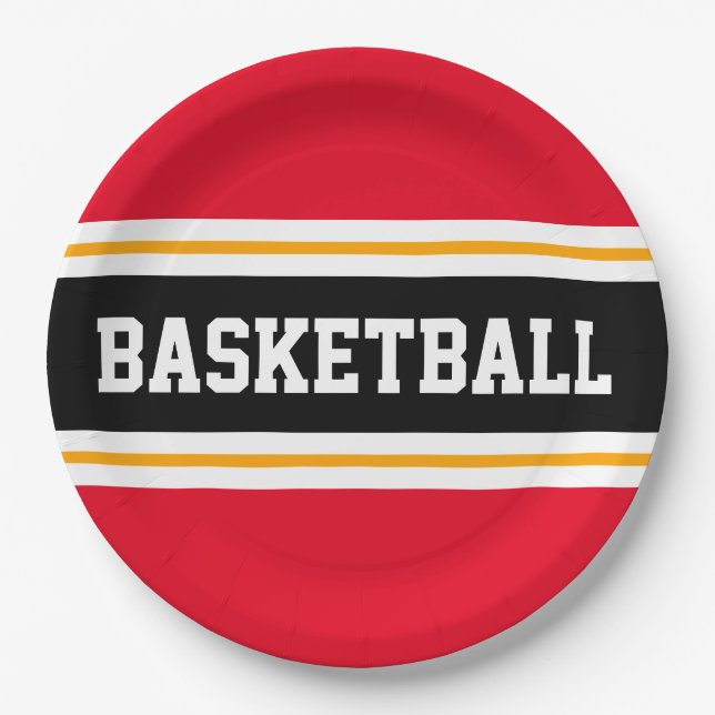 Fun Bright Red Black Yellow BASKETBALL Streifen Pappteller (Vorderseite)