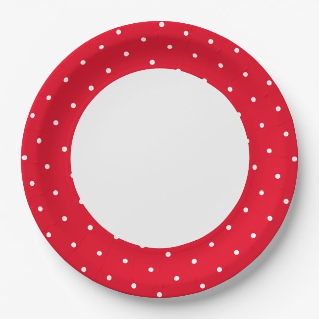 Fun Bright Red Polka dotter Äußerer Rim auf Weiß Pappteller (Vorderseite)