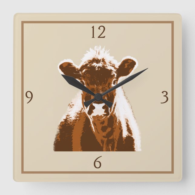 Fun Brown Cow Farm Quadratische Wanduhr (Vorderseite)