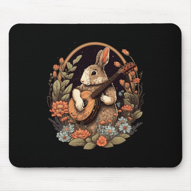 Fun Bunny Playing Banjo Gitarre Musik Rabbit Happy Mousepad (Vorne)