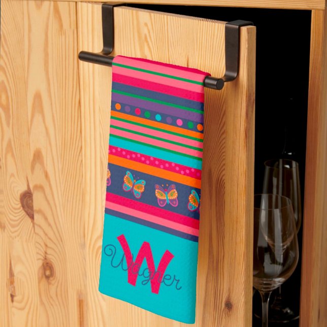 Fun Butterfly Stripe Stilvoller Nachname Geschirrtuch (Von Creator hochgeladen)