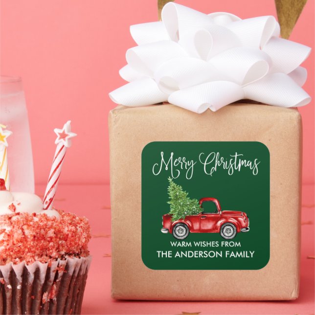 Fun Calligrafie Weihnachten Vintag Truck Green Quadratischer Aufkleber (Party)