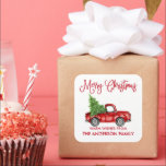 Fun Calligrafy Christmas Vintag Red Truck Quadratischer Aufkleber<br><div class="desc">Modern Fun Calligrafy Script Wasserfarbe Vintager Red Truck mit Weihnachtsbaum Geschenksticker - Rote Schrift</div>