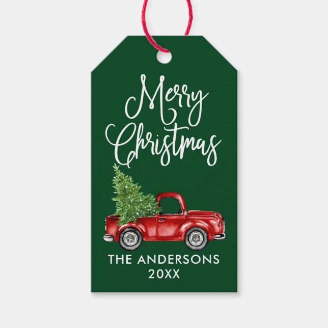 Fun Calligrafy Vintag Truck Weihnachten Grün Geschenkanhänger (Vorderseite)