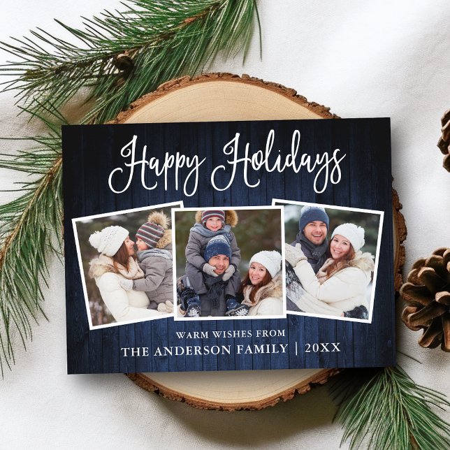 Fun Calligraphy Blue Wood 3 Foto Urlaub Postkarte (Customize to change your personalized text size or text style.)