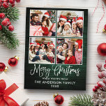 Fun Calligraphy Christmas Green Wood 4 Foto Postkarte<br><div class="desc">Moderne Fun Calligraphie Script Frohe Weihnachten 4 Foto Ferien Postkarte - Rustikales Land Grünes Holz</div>