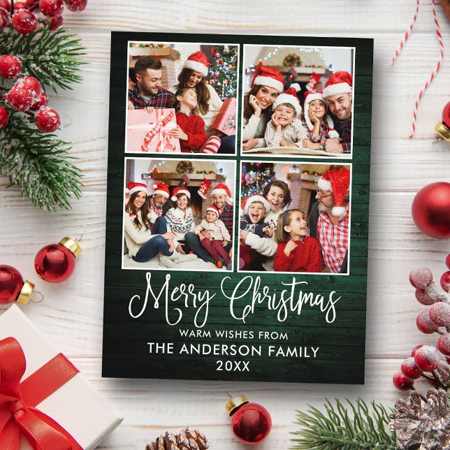 Fun Calligraphy Christmas Green Wood 4 Foto Postkarte (Customize to change your personalized text size or text style.)