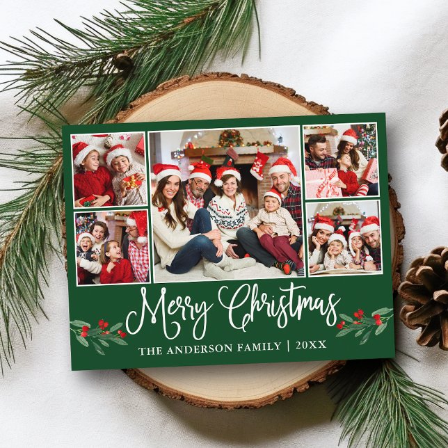 Fun Calligraphy Christmas Holly 5 Foto Green Postkarte (Customize to change your personalized text size or text style.)