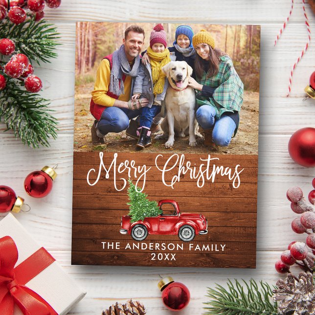 Fun Calligraphy Christmas Wood Red Truck Foto Postkarte (Customize to change your personalized text size or text style.)