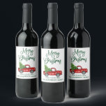 Fun Calligraphy Green Christmas Vintag Truck Weinetikett<br><div class="desc">Moderne Fun Calligrafie Skript Frohe Weihnachten Wasserfarbe Vintager Truck mit Weihnachtsbaum Wein Flasche Etikett - Grün Drehbuch</div>