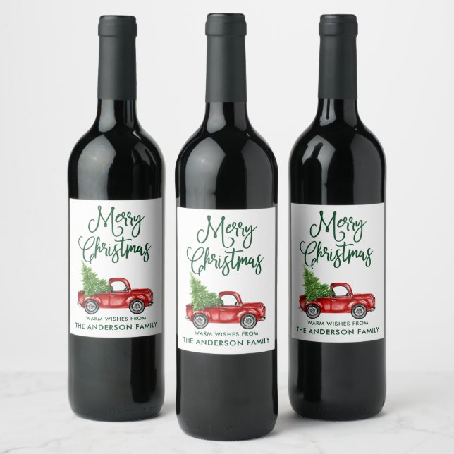 Fun Calligraphy Green Christmas Vintag Truck Weinetikett (Flaschen)