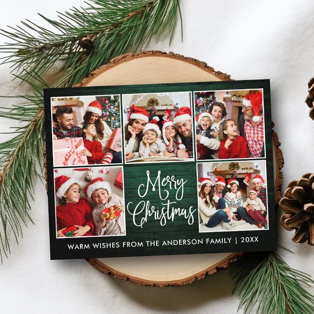 Fun Calligraphy Green Wood 5 Foto Weihnachten Postkarte (Customize to change your personalized text size or text style.)