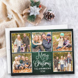 Fun Calligraphy Green Wood 5 Fotos Weihnachten<br><div class="desc">Moderne Fun Calligrafie Script Frohe Weihnachtsfamilie 5 Foto Collage Holiday Card - Rustikales Land Grünes Holz</div>