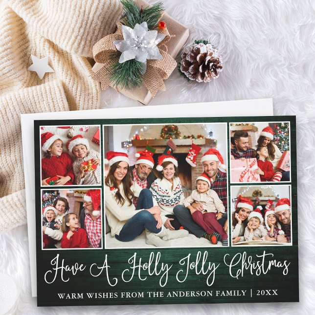 Fun Calligraphy Green Wood Holly Jolly Weihnachten (Customize to add text to back of card.)