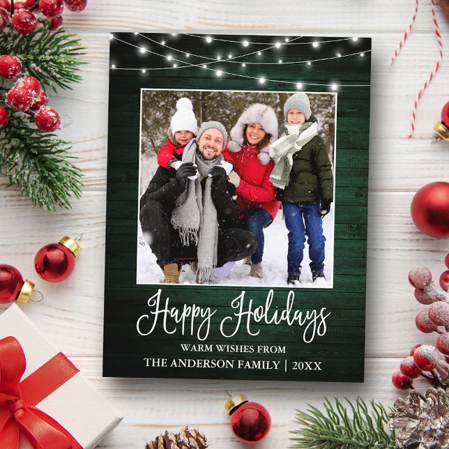 Fun Calligraphy Green Wood Lights Foto Holiday Postkarte (Customize to change your personalized text size or text style.)