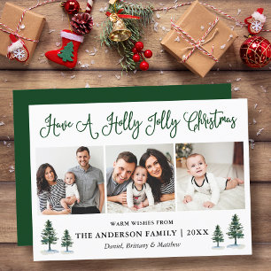 Fun Calligraphy Holly Jolly Christmas Green Pines Feiertagskarte