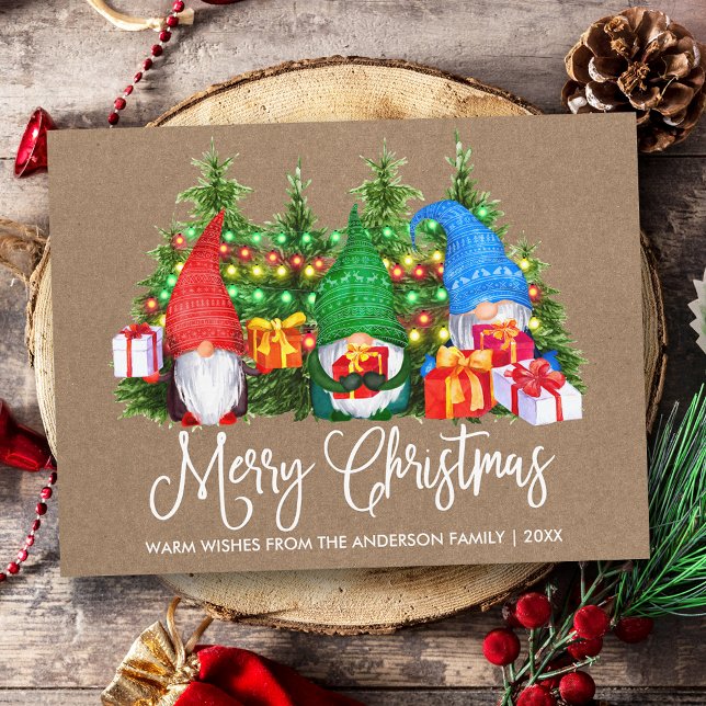 Fun Calligraphy Kraft Merry Christmas Gnomes Postkarte (Customize to change your personalized text size or text style.)
