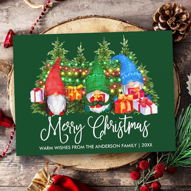 Fun Calligraphy Merry Christmas Gnomes Green Postkarte (Customize to change your personalized text size or text style.)