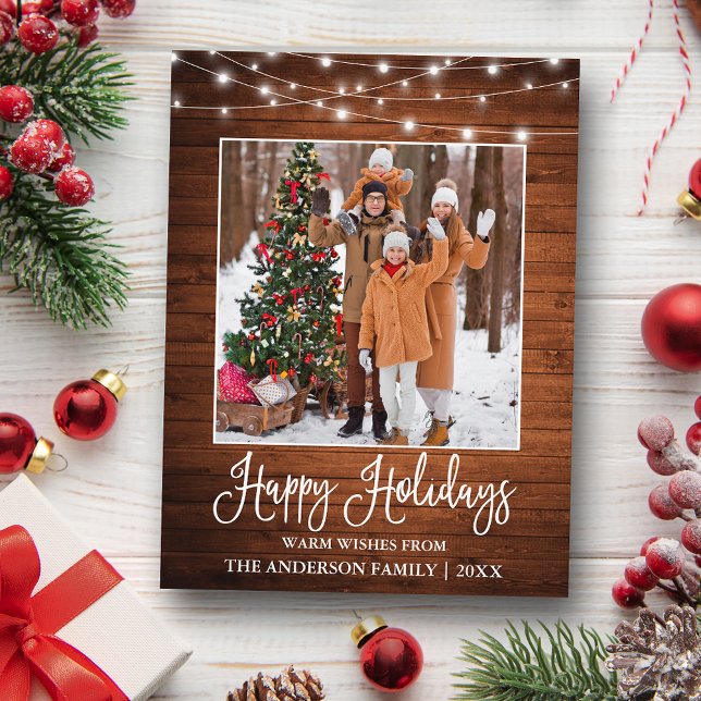 Fun Calligraphy Rustic Wood Lights Foto Holiday Postkarte (Customize to change your personalized text size or text style.)