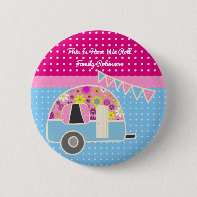 Fun Camper Camping Party versorgt rosa blaue Retro Button (Vorderseite)