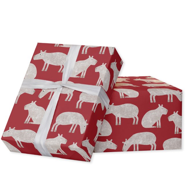 Fun Capybara Red Christmas Geschenkpapier (Fun capybara red pattern Christmas gift wrap for the winter holidays.)