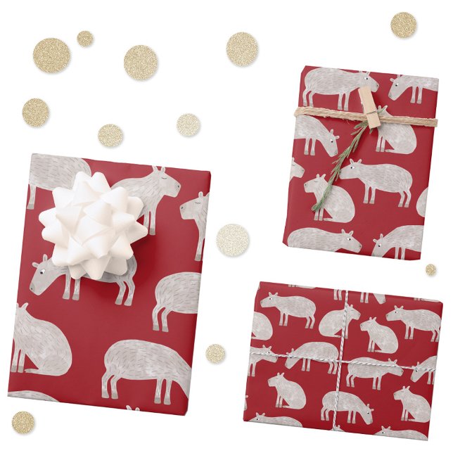 Fun Capybara Red Christmas Geschenkpapier Set (Fun capybara red pattern Christmas gift wrap for the winter holidays.)