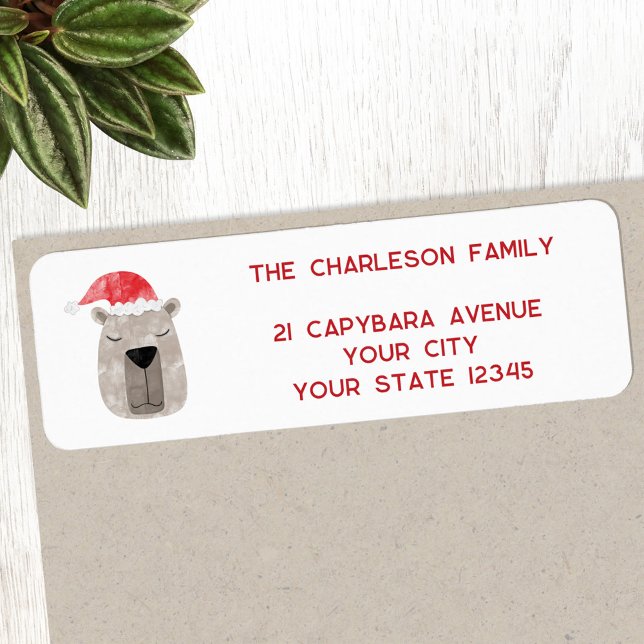 Fun Capybara Weihnachtsmannmütze Rücksendeadresse (Fun Capybara Santa Hat whimsical holiday personalized return address labels)