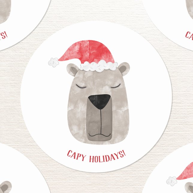 Fun Capybara Weihnachtsmannmütze Weihnachten Runder Aufkleber (Fun capybara in a Santa hat with custom text Christmas sticker for the winter holidays.)