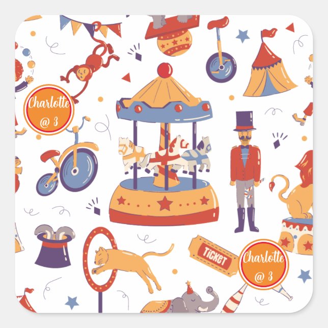 Fun Carnival Kids's Birthday Circus Pattern Square Quadratischer Aufkleber (Vorderseite)