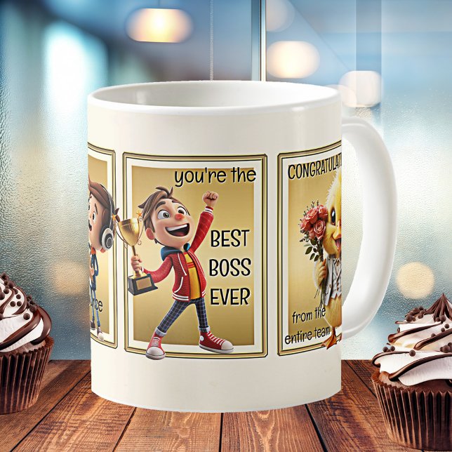 Fun Cartoon Bester Boss je Kaffeetasse (Mug featuring cute cartoon characters announcing the best boss ever.)