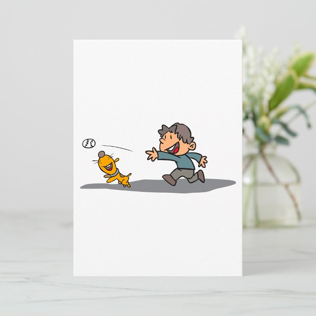 Fun Cartoon Boy and Dog Playing Fetch Einladung (Von Creator hochgeladen)