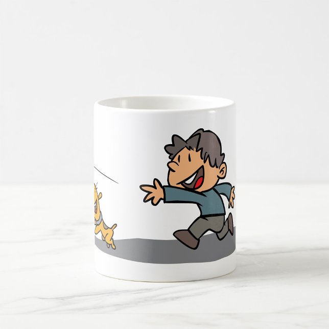 Fun Cartoon Boy and Dog Playing Fetch Kaffeetasse (Von Creator hochgeladen)