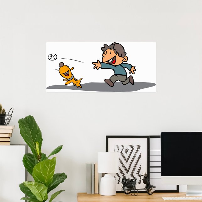 Fun Cartoon Boy and Dog Playing Fetch Poster (Von Creator hochgeladen)