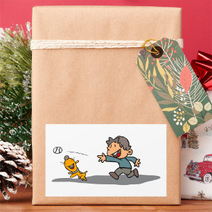 Fun Cartoon Boy and Dog Playing Fetch Rechteckiger Aufkleber