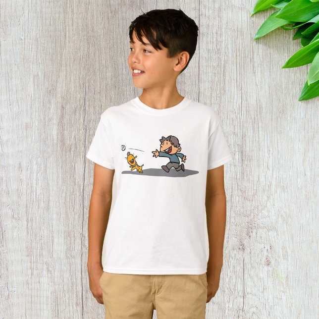 Fun Cartoon Boy and Dog Playing Fetch T-Shirt (Von Creator hochgeladen)