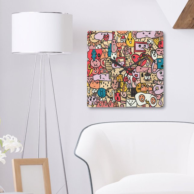 Fun Cartoon Caracter Hand Drass Muster Kids  Quadratische Wanduhr (Von Creator hochgeladen)