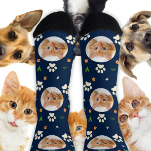 Fun Cat Foto Navy Blue Tropical Hawaiian Socken