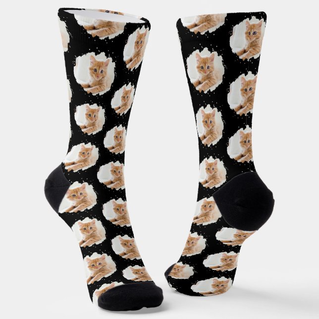 Fun Cat Liebt Personalisiertes Foto Muster Socken (Gewinkelt)