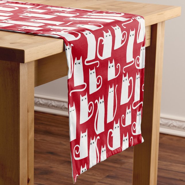 Fun Cat Red and White Tableclout Kurzer Tischläufer (Red and white kitty cat festive table runner)