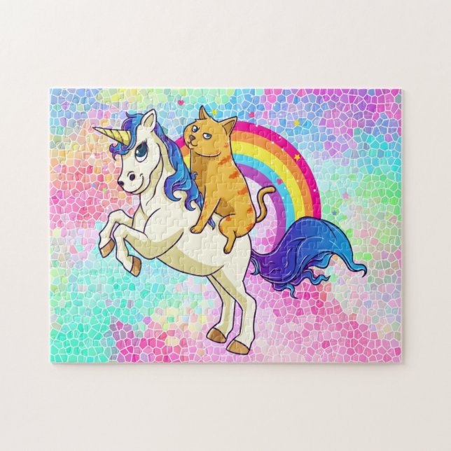 Fun Cat Reiten eines Einhorns auf einem Regenbogen Puzzle (Horizontal)