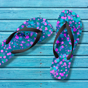 Fun, chic blue purple pink confetti dots on teal flip flops