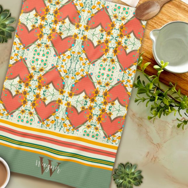 Fun Chic floral Stilvolles Herz Custom Anfangsname Geschirrtuch (Von Creator hochgeladen)