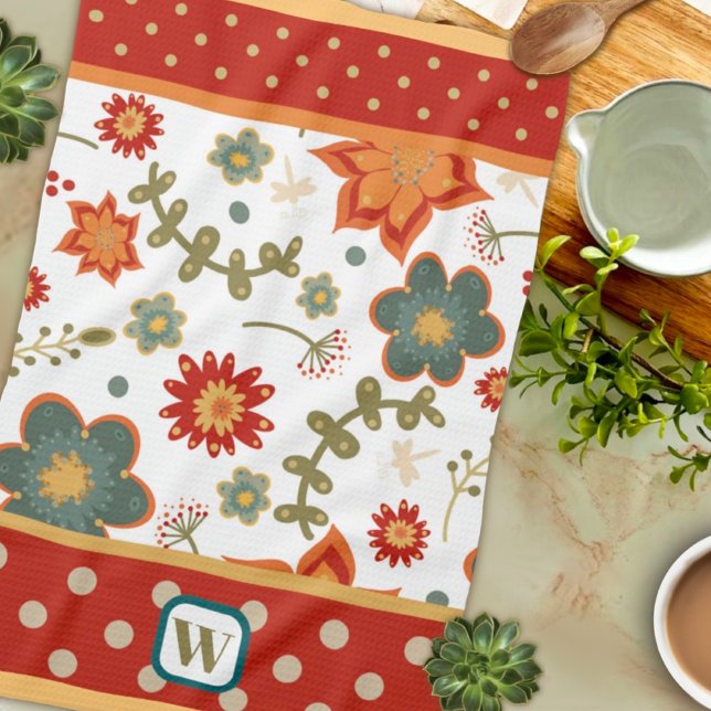 Fun Chic Moderne Dots Floral Monogram Initial Geschirrtuch (Von Creator hochgeladen)